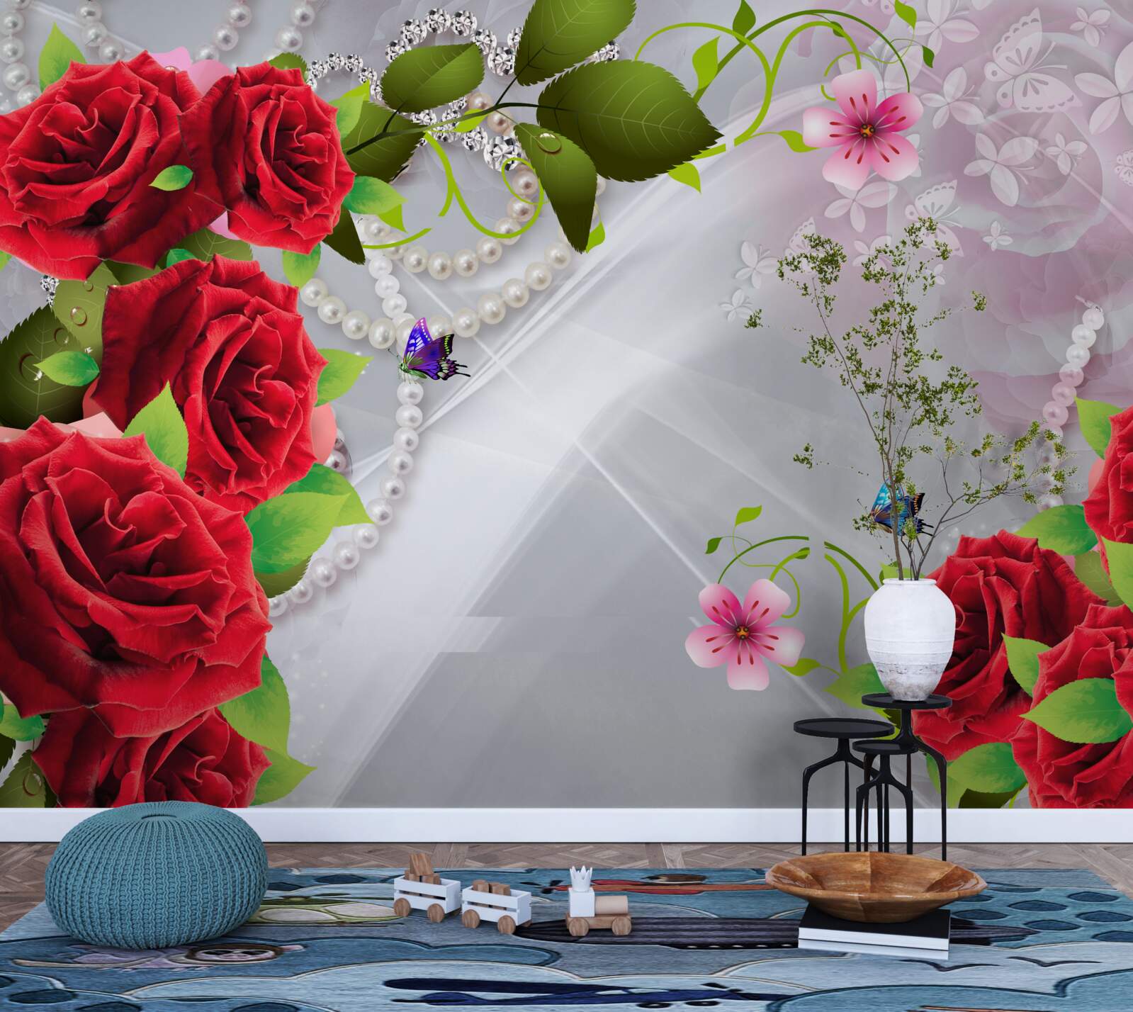 Papier peint roses rouge perle