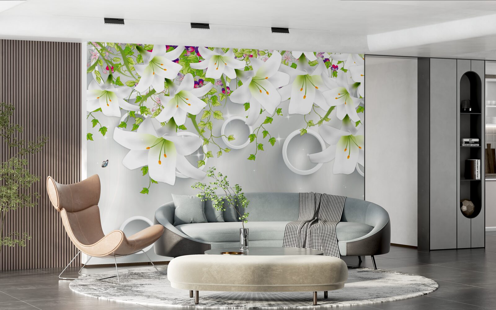 Papier peint les fleurs sont blanches avec des feuilles vertes