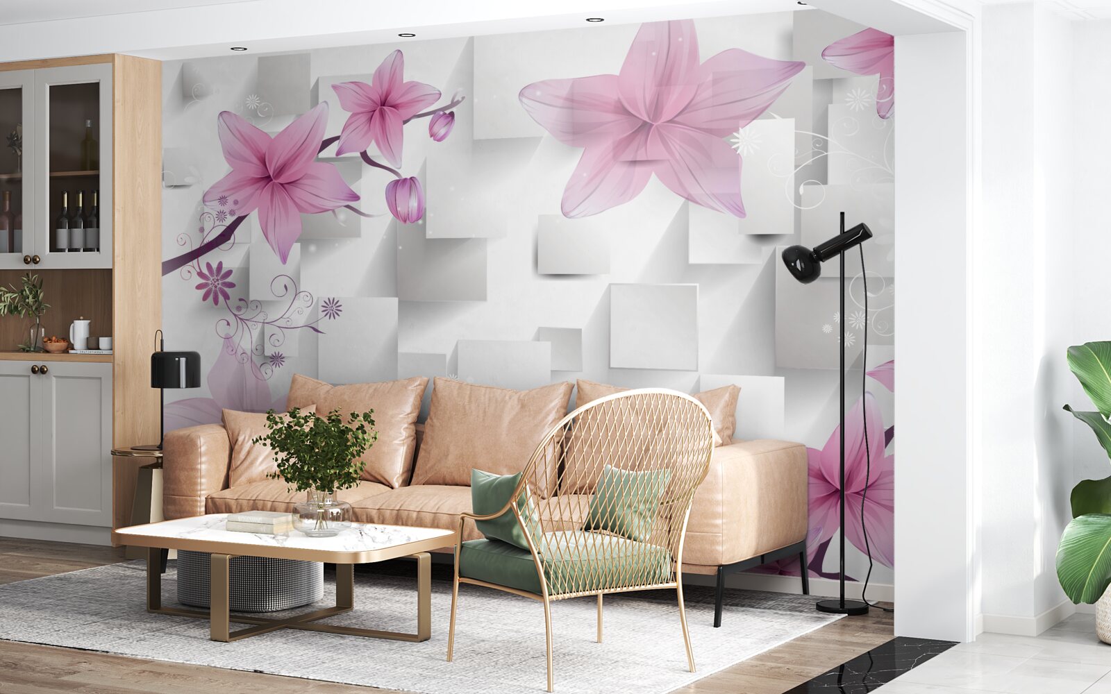 Papier peint abstrait avec bourgeons violets