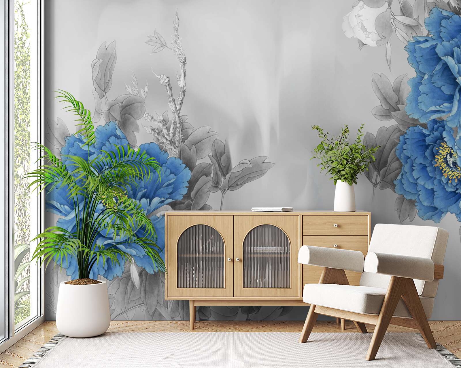 Papier peint fleurs bleues sur fond gris