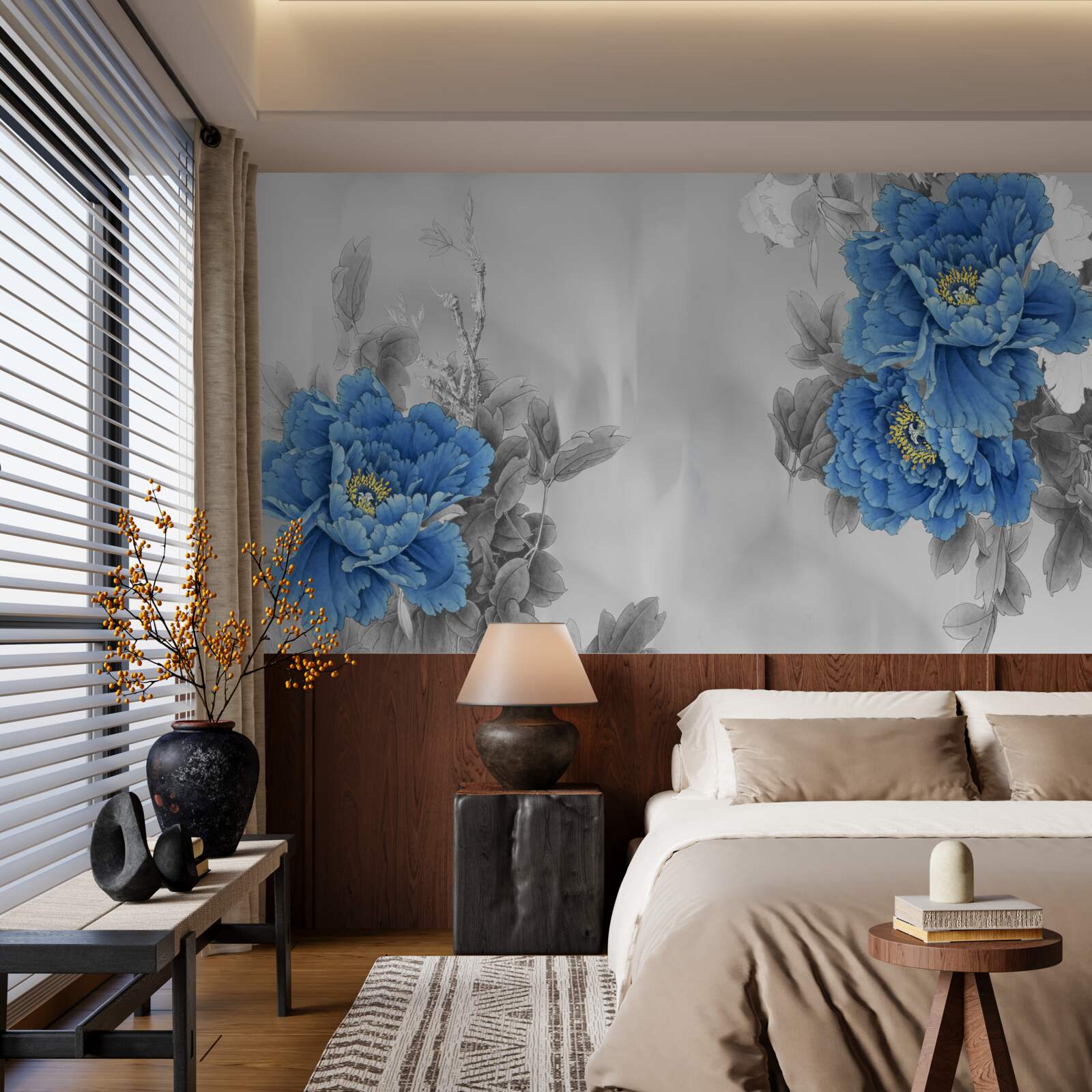 Papier peint fleurs bleues sur fond gris