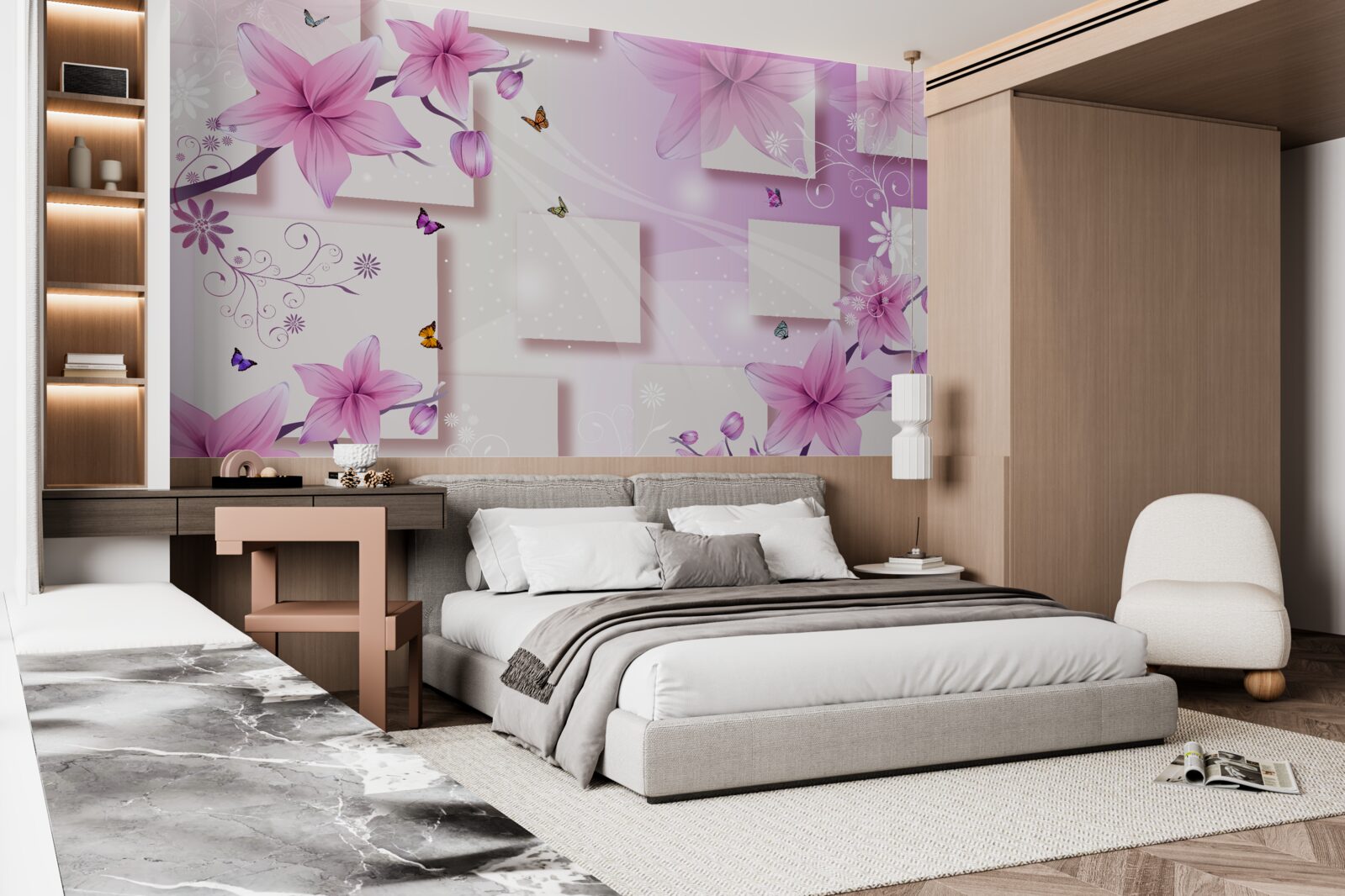 Papier peint formes géométriques décorées de fleurs violettes foncées