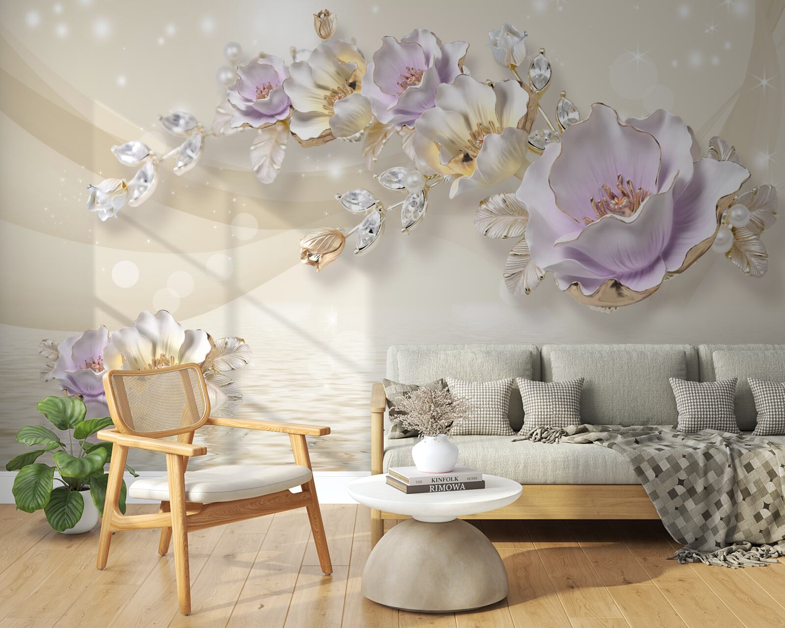 Papier peint or et décorations florales