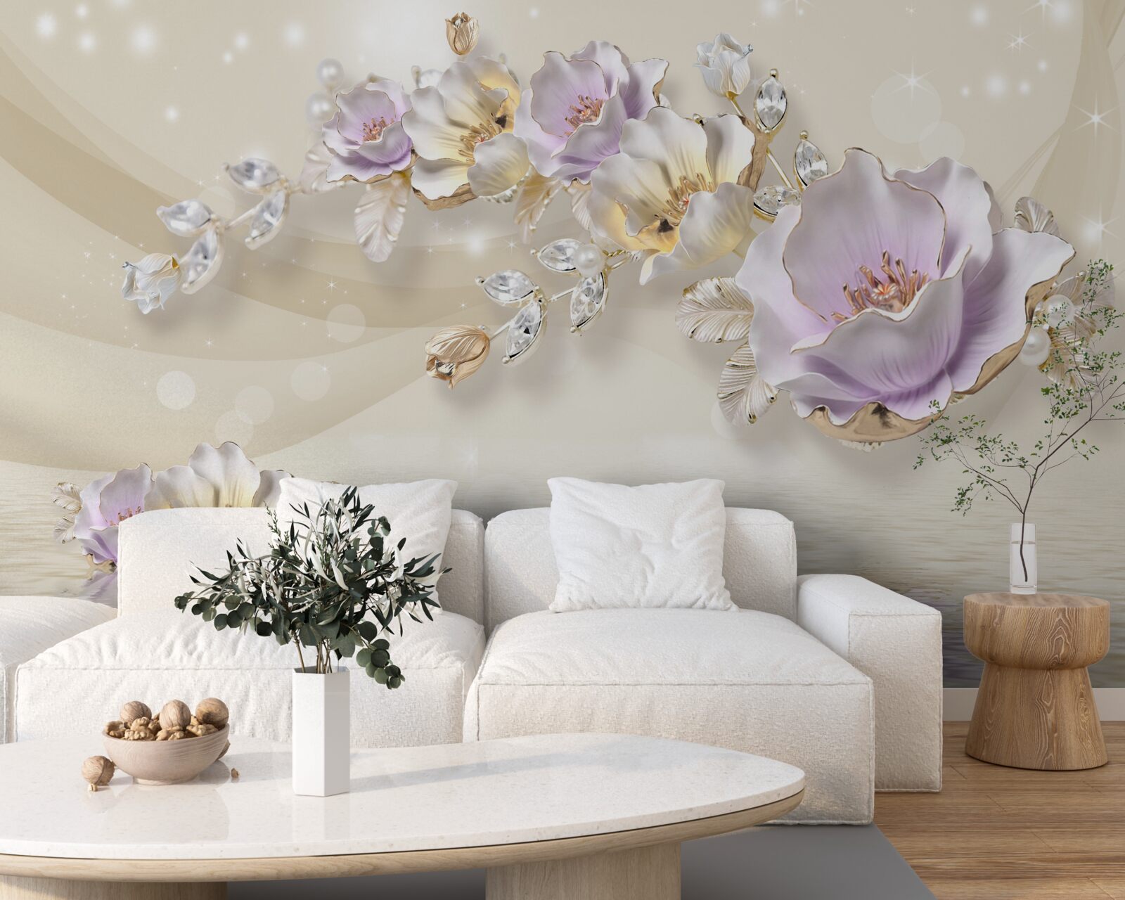 Papier peint or et décorations florales
