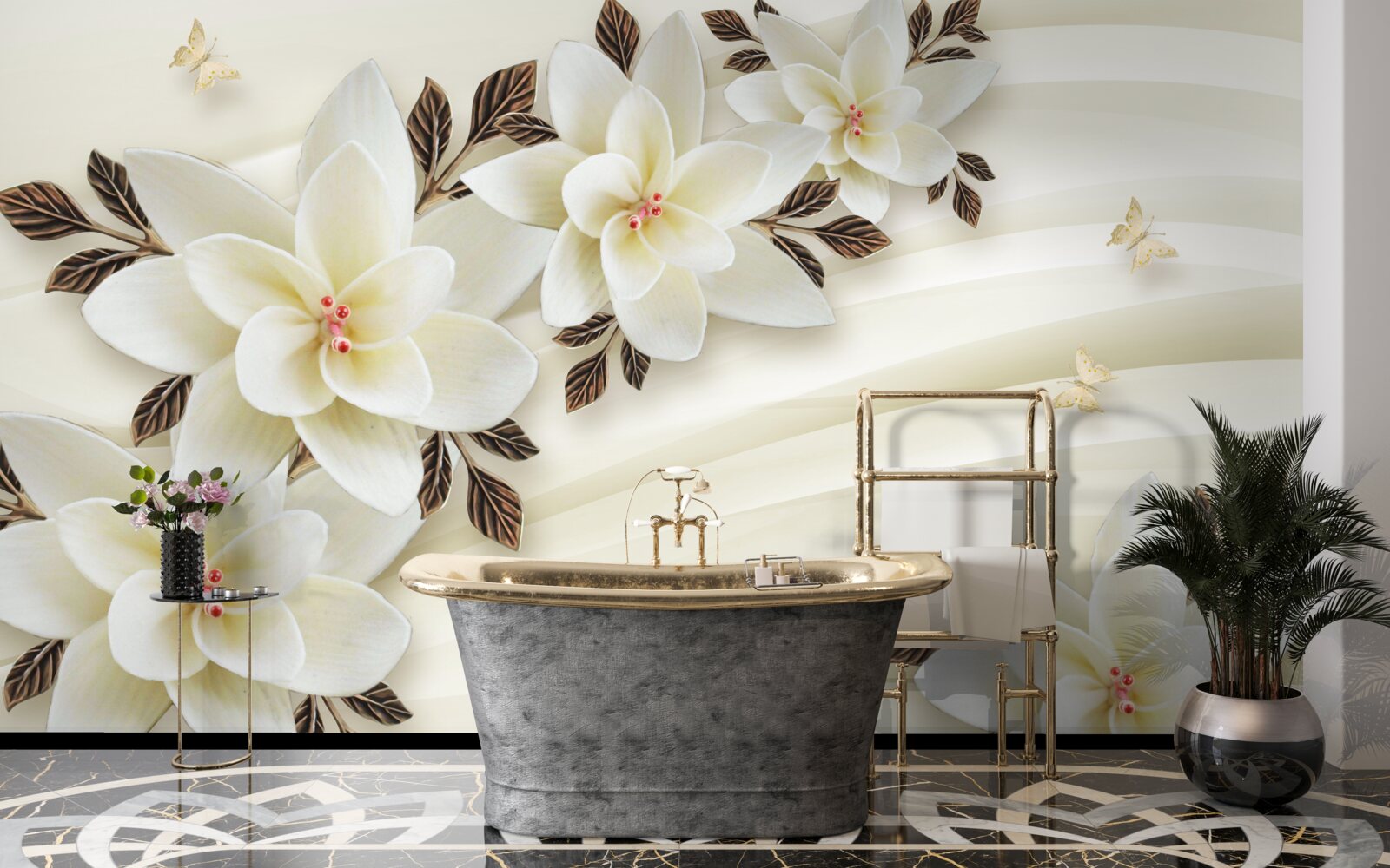 Papier peint le tissu est décoré de fleurs de lotus blanches