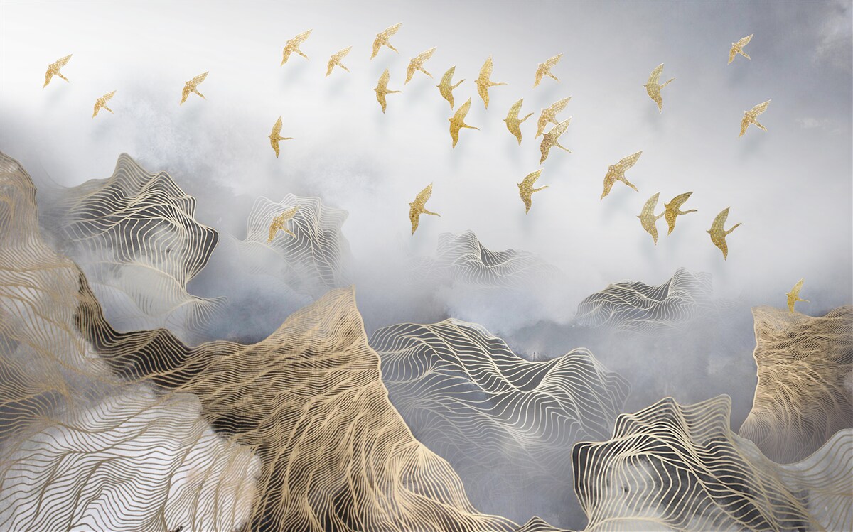 Papier peint montagnes et oiseaux dans le brouillard de l'abstraction