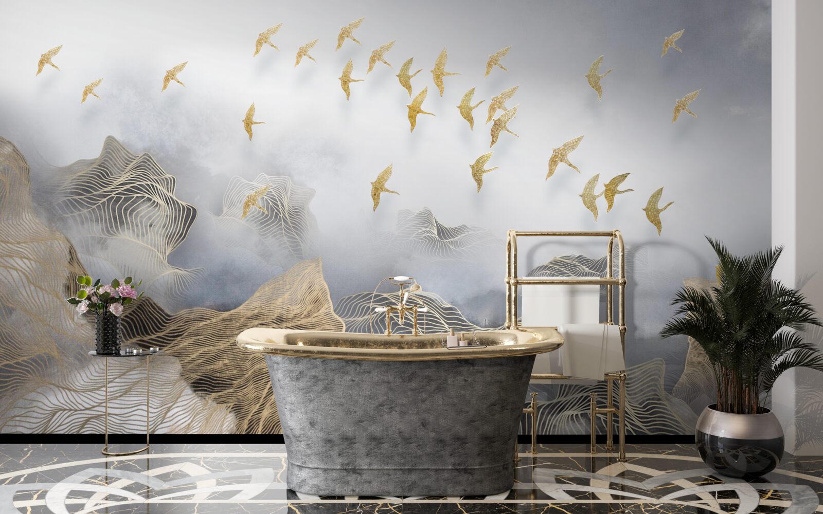 Papier peint montagnes et oiseaux dans le brouillard de l'abstraction