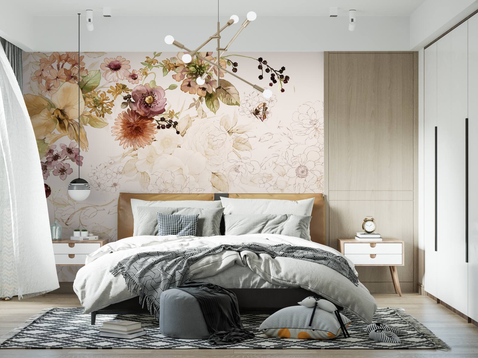Papier peint compositions florales sur fond délicat