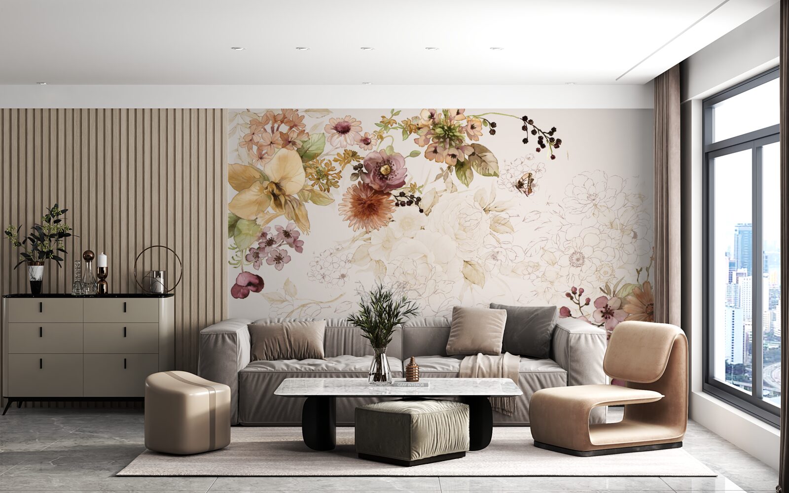 Papier peint compositions florales sur fond délicat