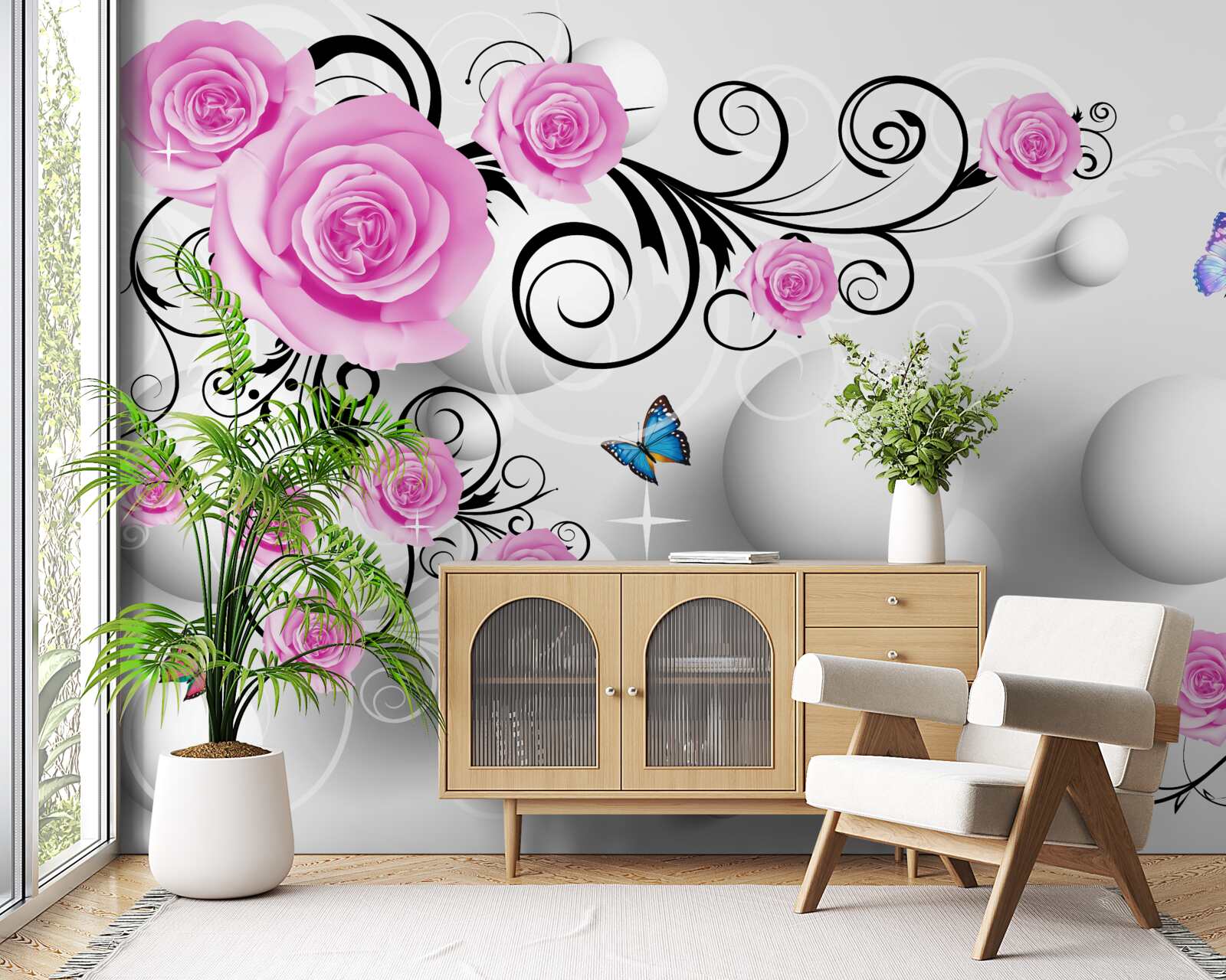Papier peint roses colorées sur un fond 3d composé de boules