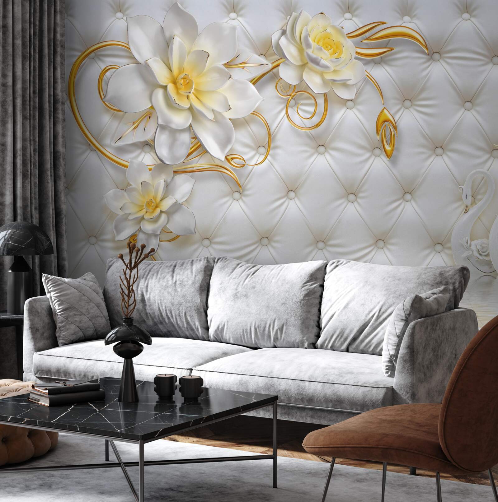 Papier peint tissu blanc texture et fleurs
