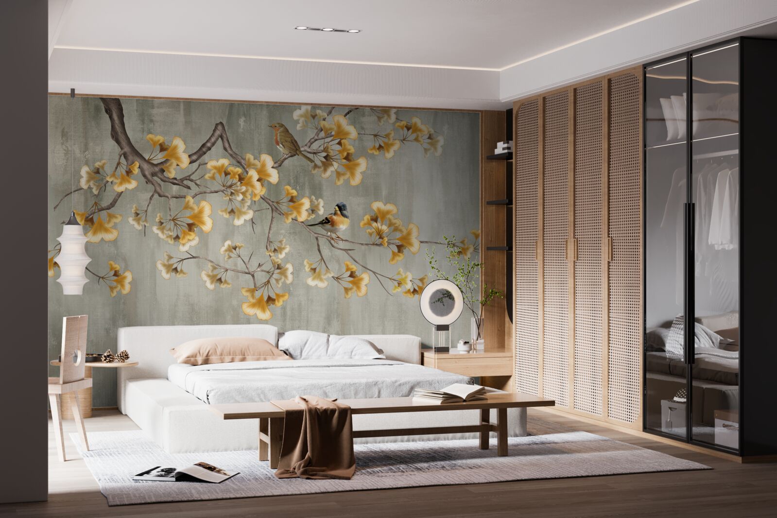 Papier peint des oiseaux et une branche avec des fleurs jaunes