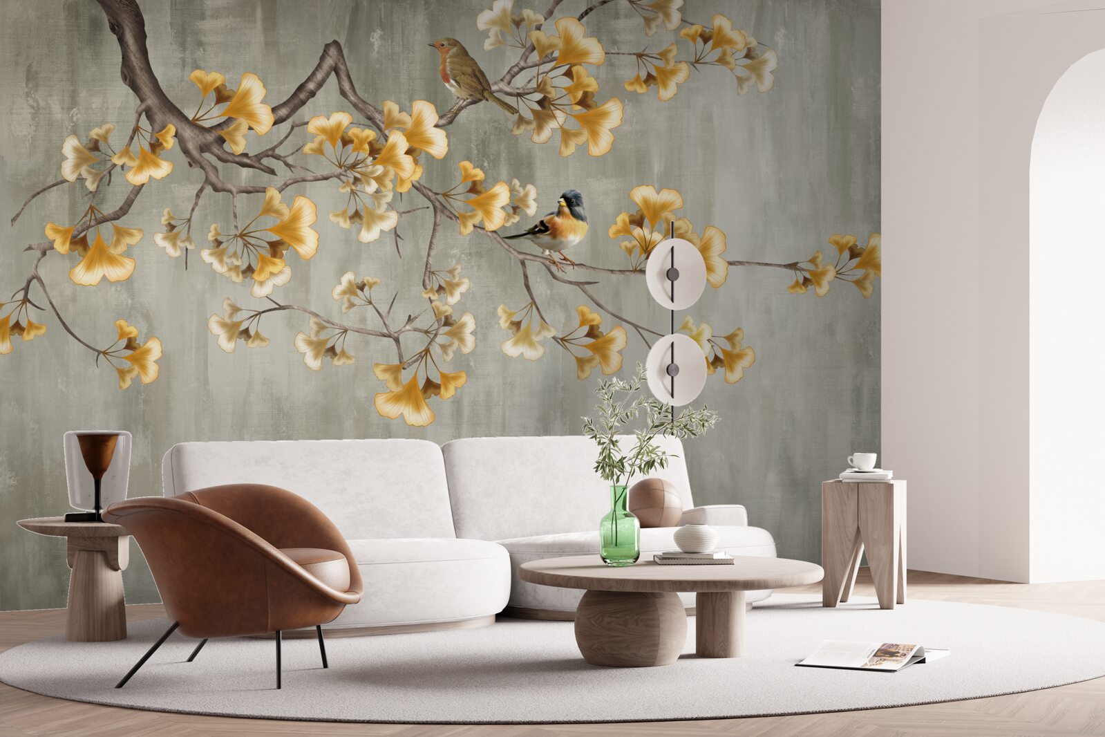 Papier peint des oiseaux et une branche avec des fleurs jaunes