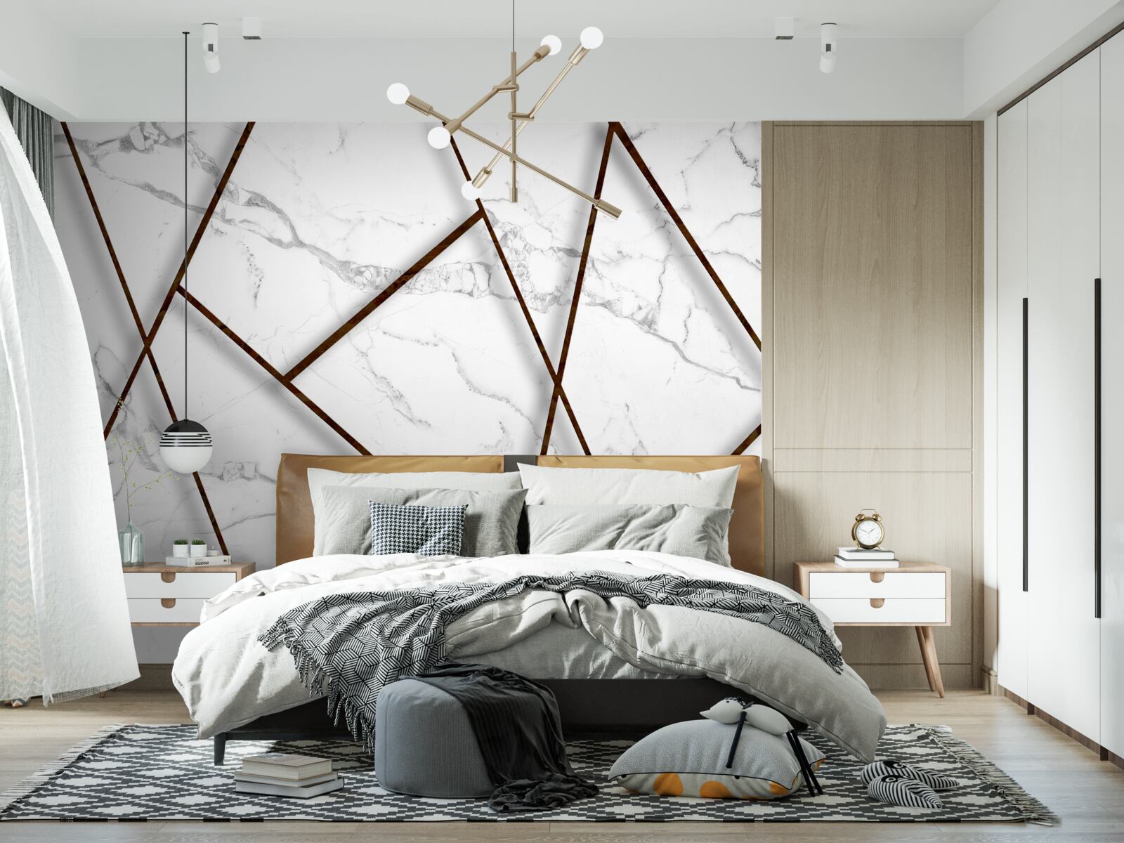 Papier peint inclusions noires sur marbre blanc