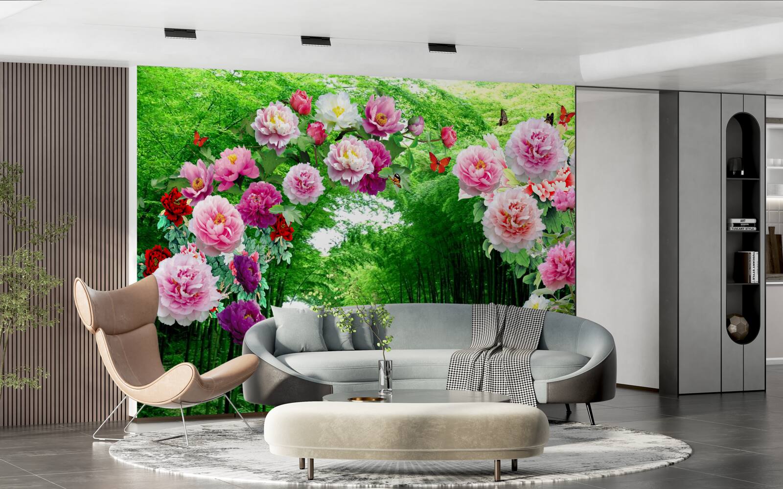 Papier peint fleurs et renards en bambou vert