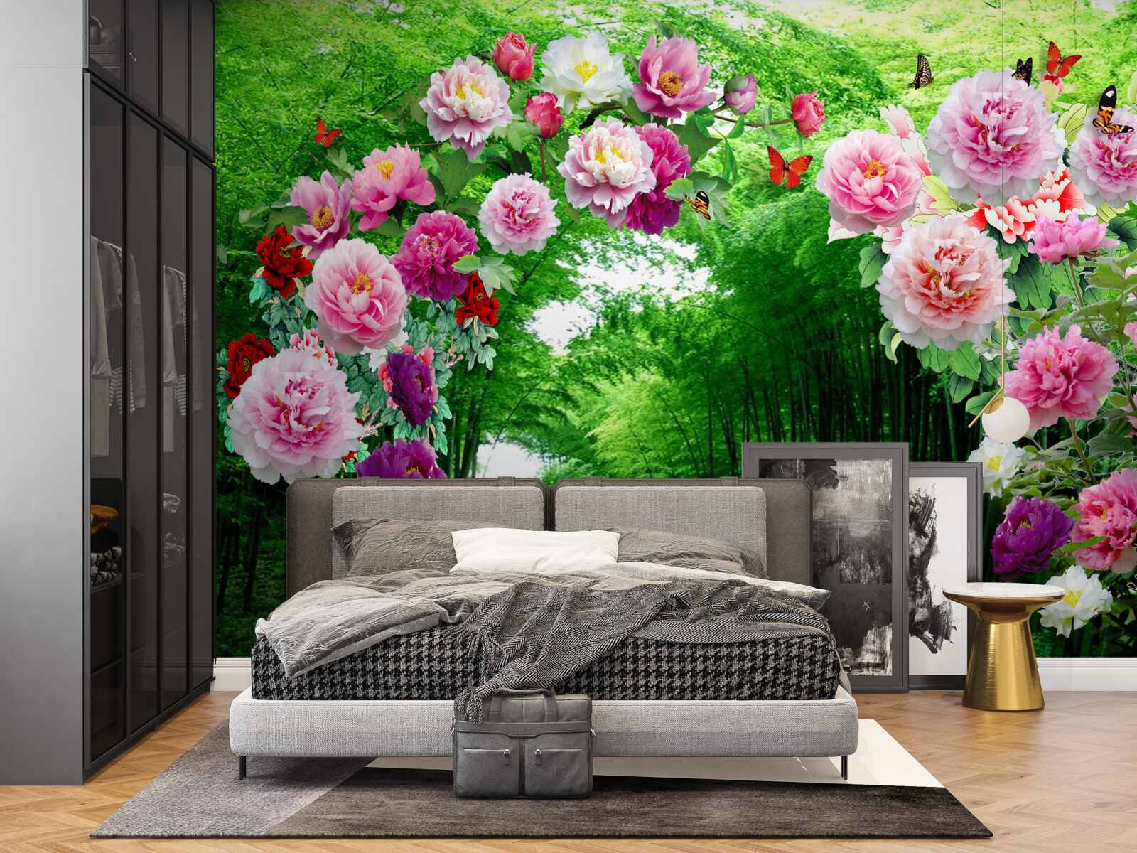 Papier peint fleurs et renards en bambou vert