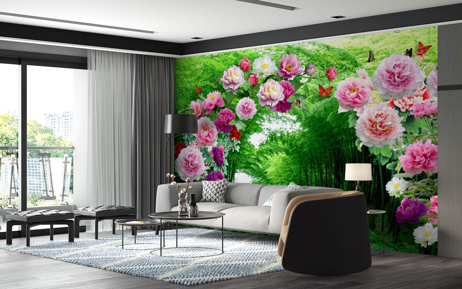 Papier peint fleurs et renards en bambou vert
