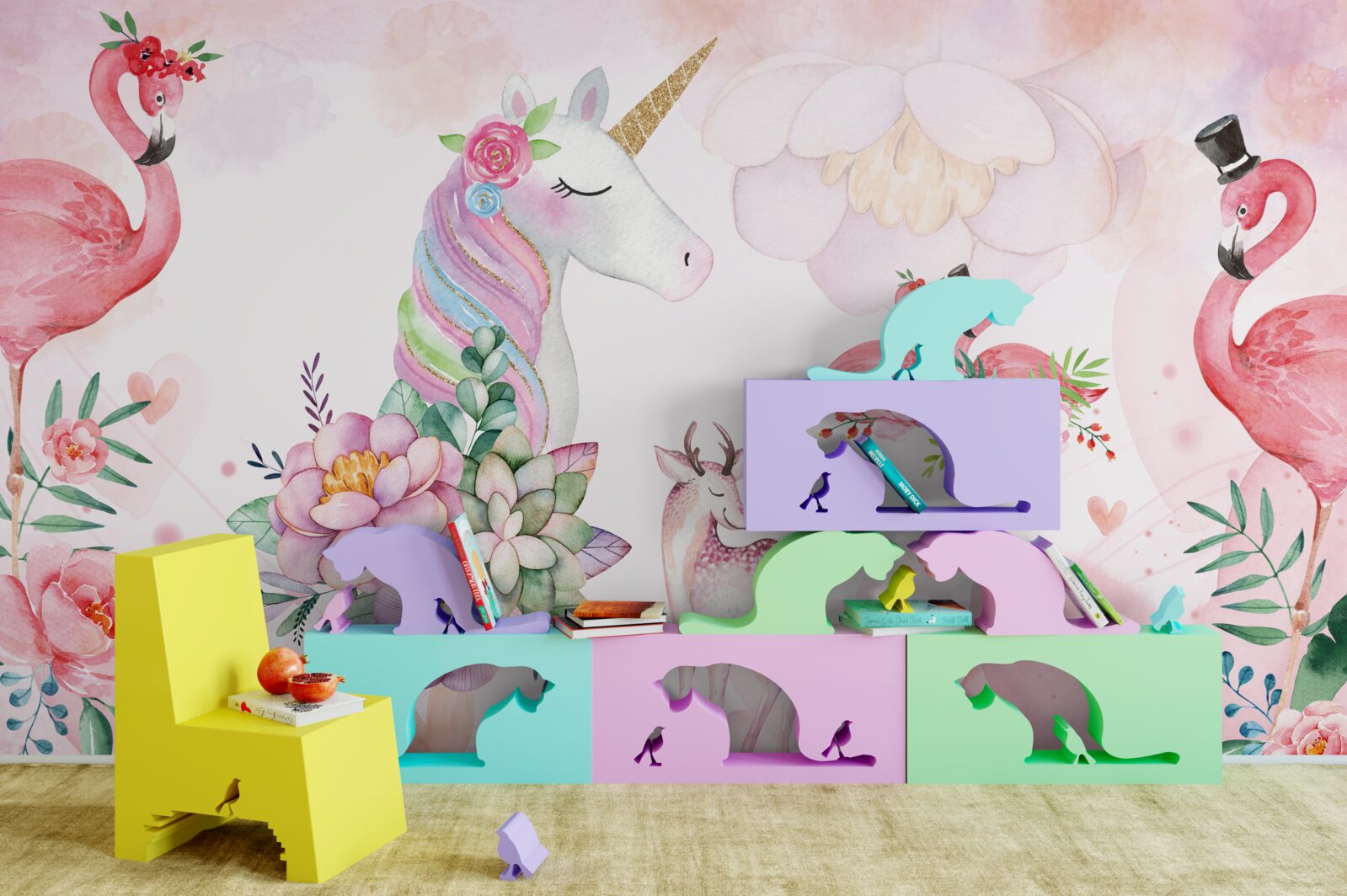 Papier peint animaux roses décorés de fleurs