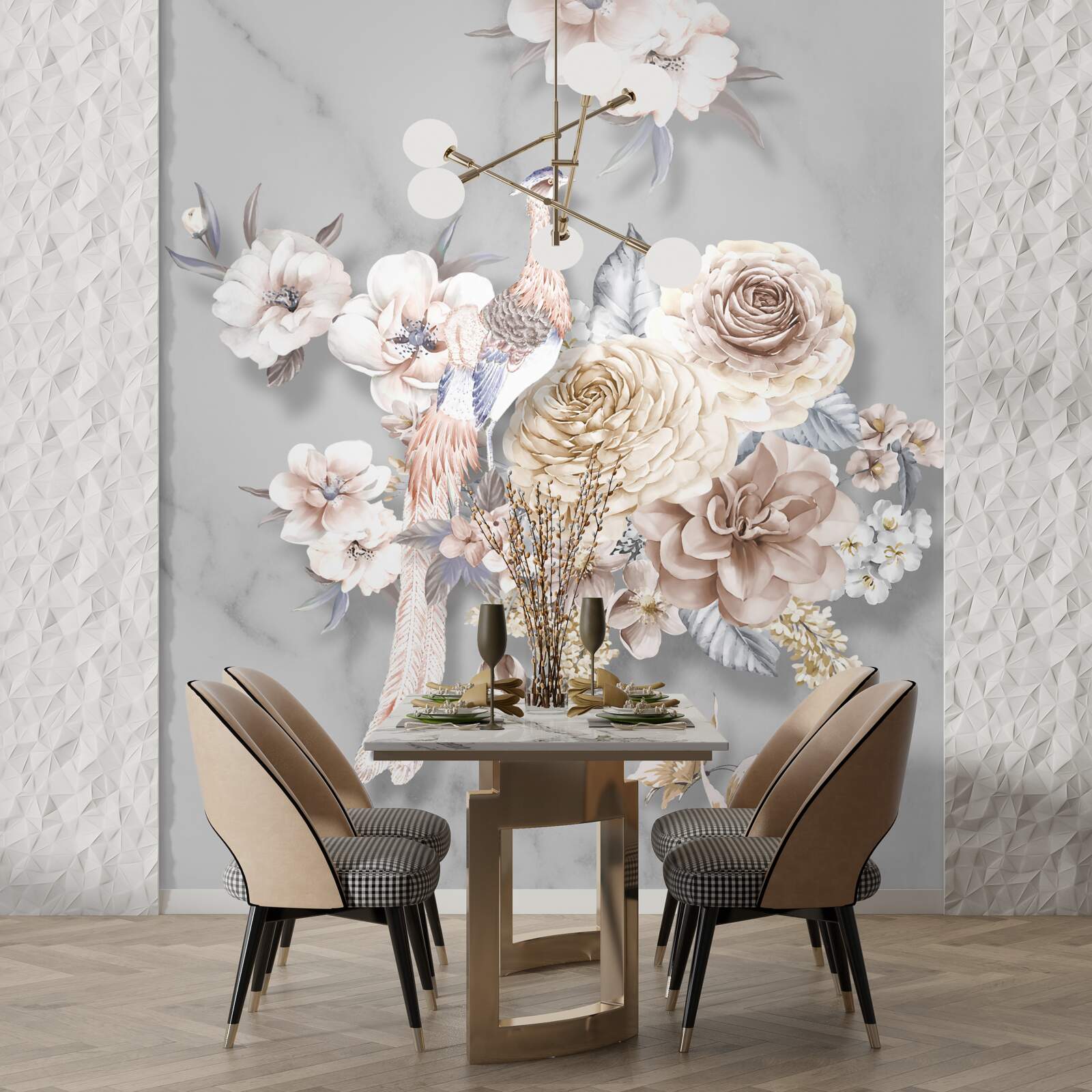 Papier peint arrangement floral avec un paon