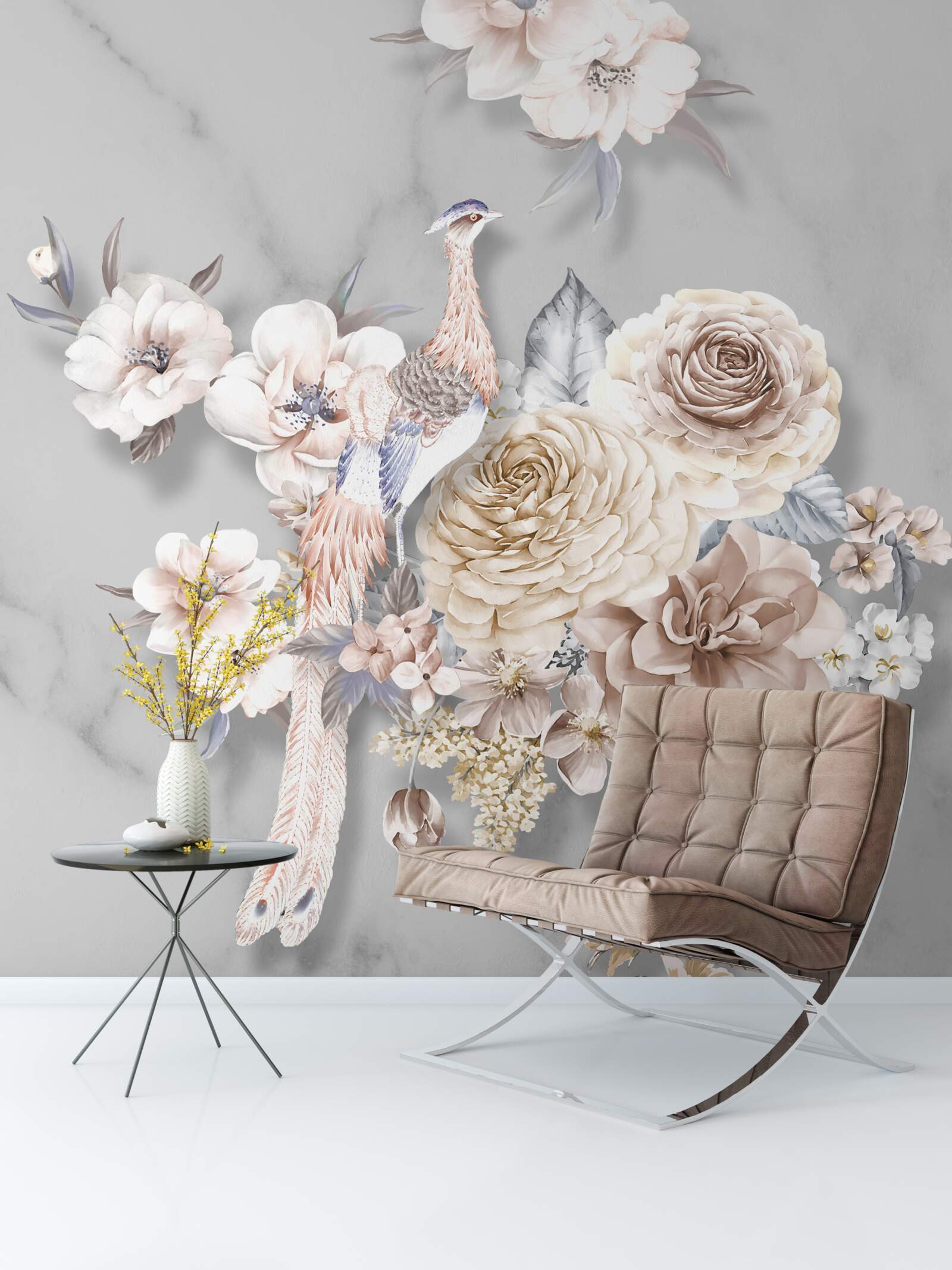 Papier peint arrangement floral avec un paon