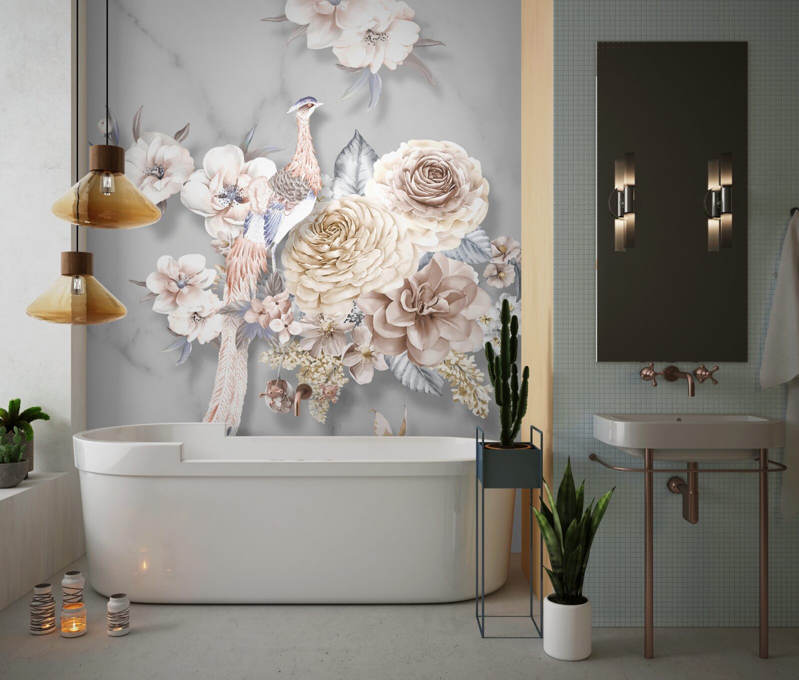 Papier peint arrangement floral avec un paon