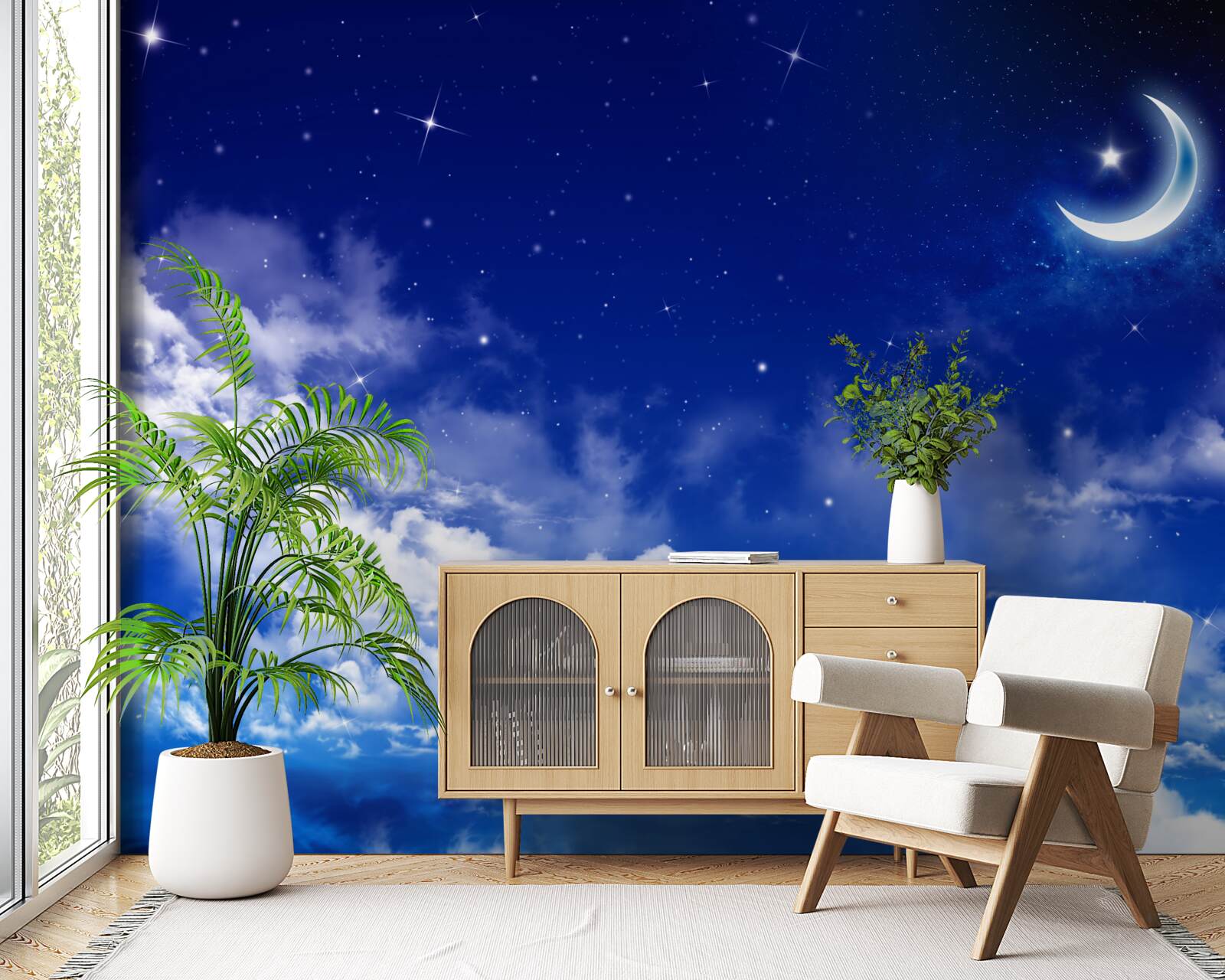 Papier peint nuit sous la lune et les étoiles scintillantes