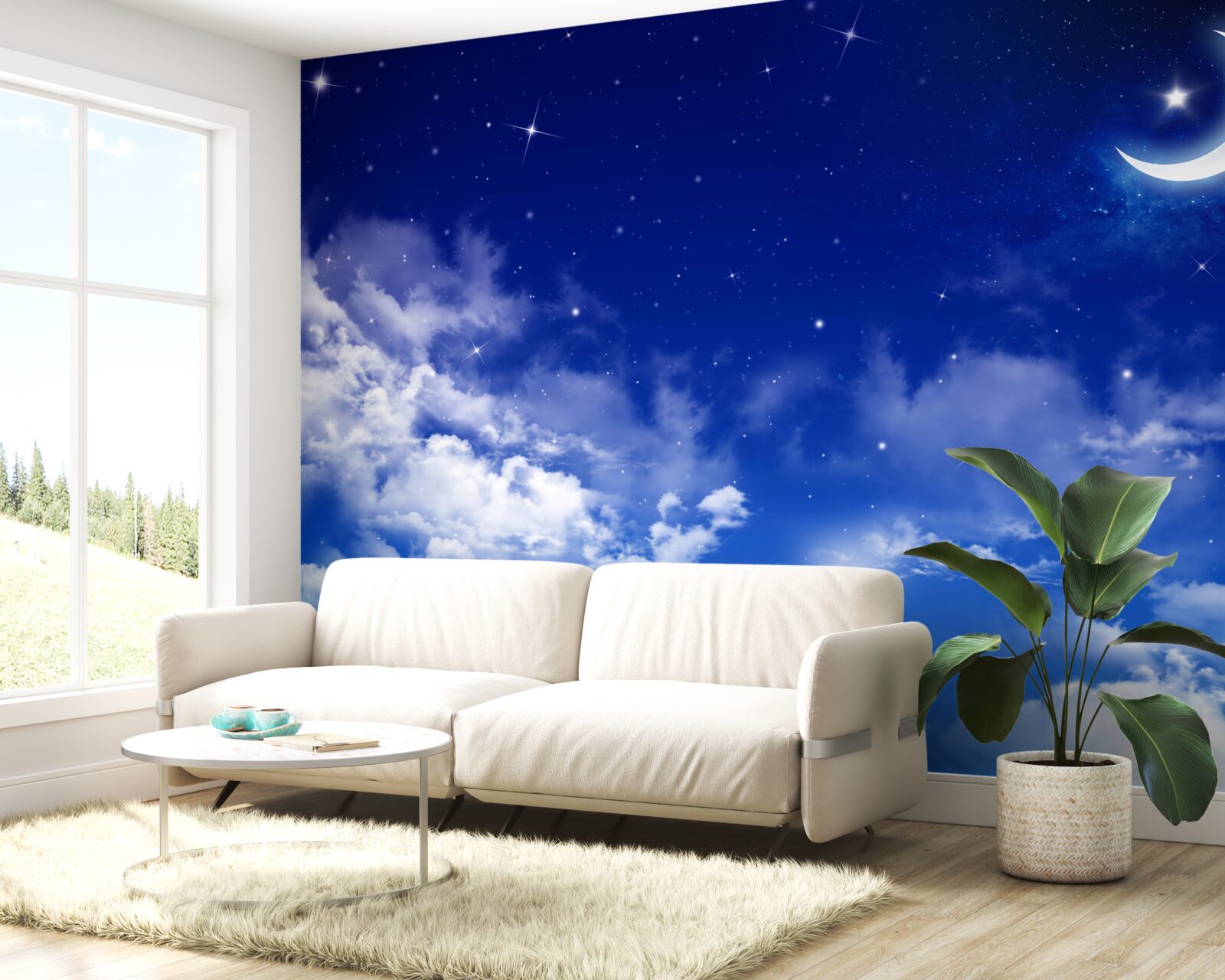 Papier peint nuit sous la lune et les étoiles scintillantes