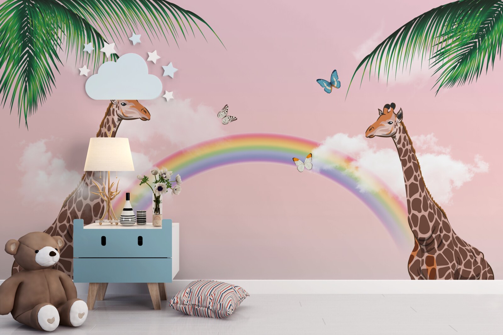 Papier peint deux girafes regardant un arc-en-ciel