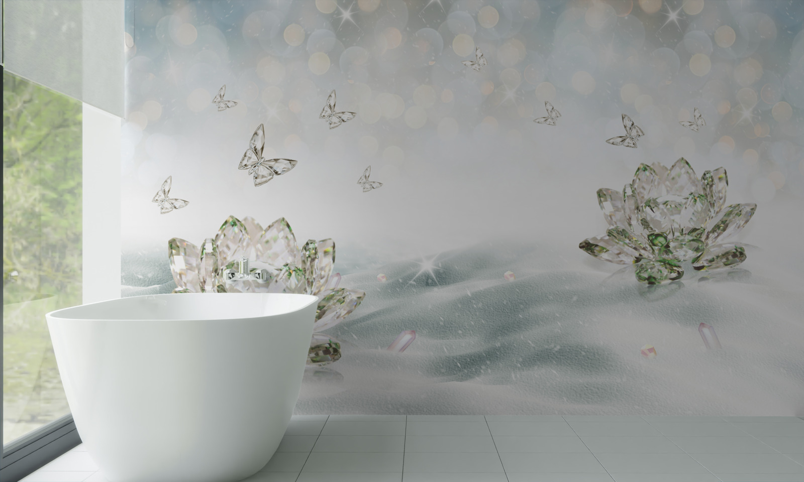 Papier peint fleurs et papillons en verre