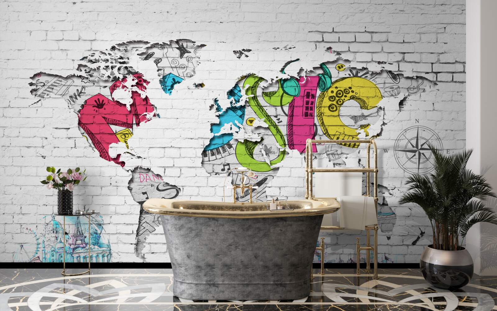 Papier peint graffiti en forme de carte du monde