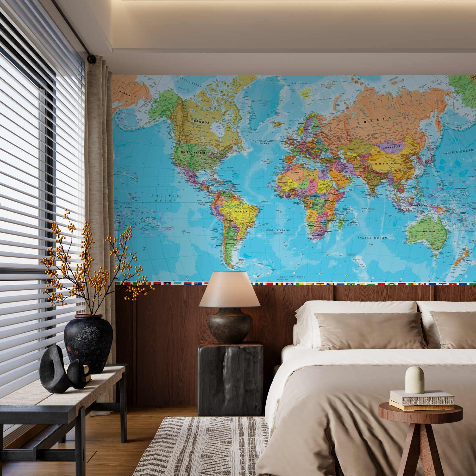 Papier peint carte du monde montrant les drapeaux des pays