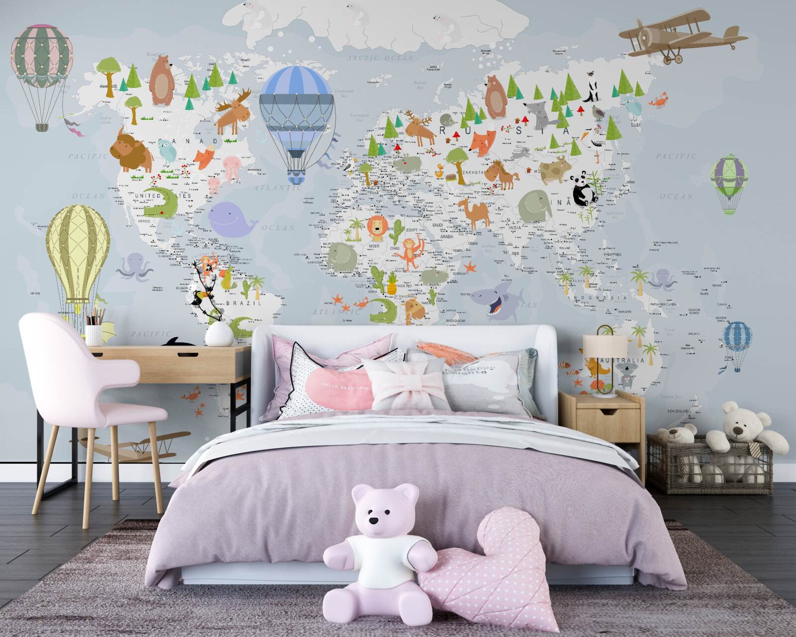 Papier peint carte du monde avec des ballons