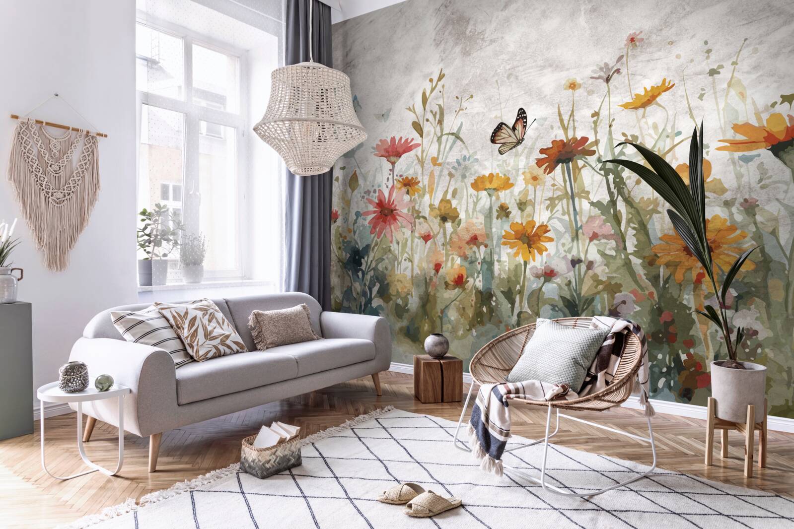 Papier peint fleurs avec papillons à l'aube