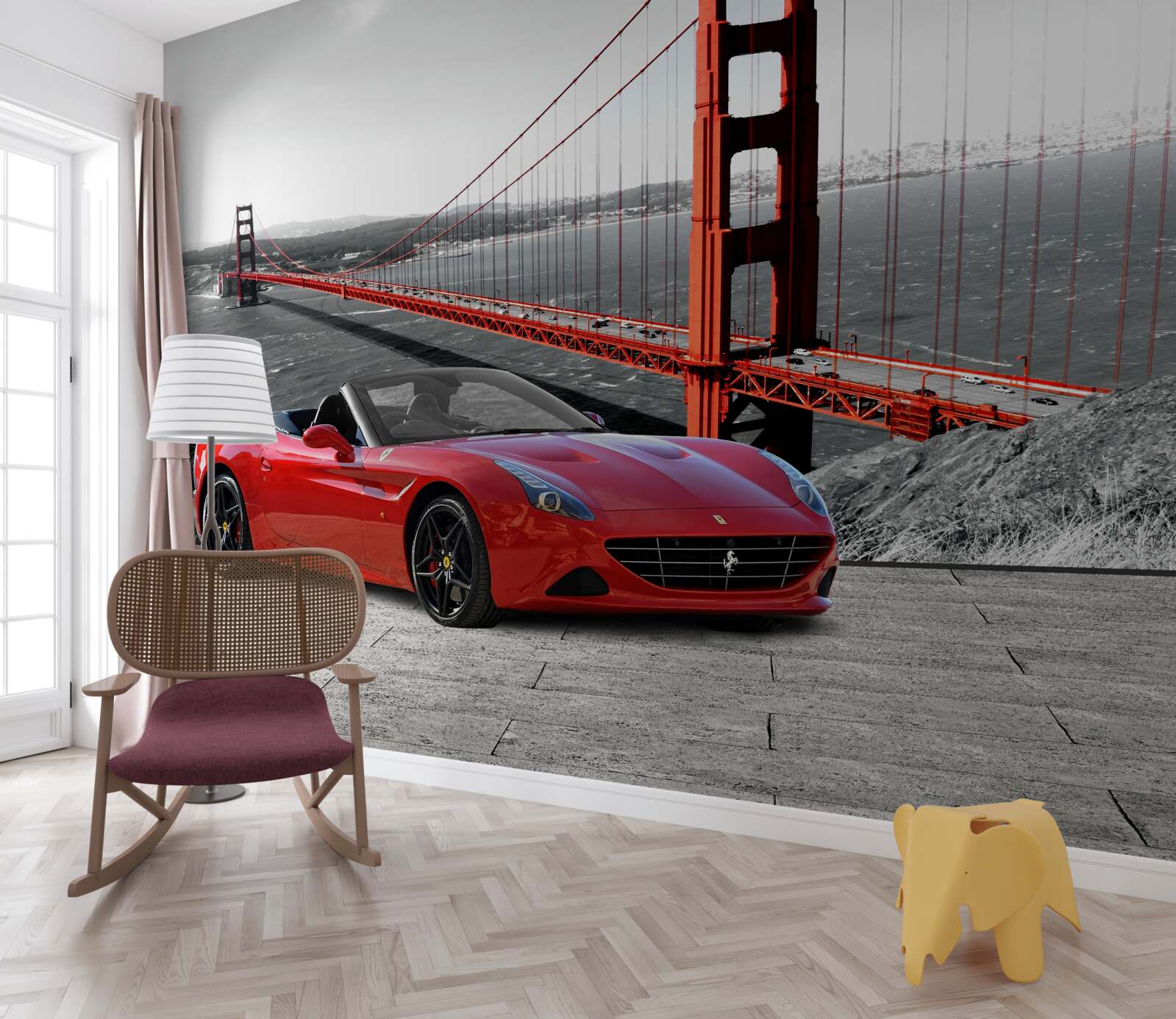 Papier peint voiture rouge et pont