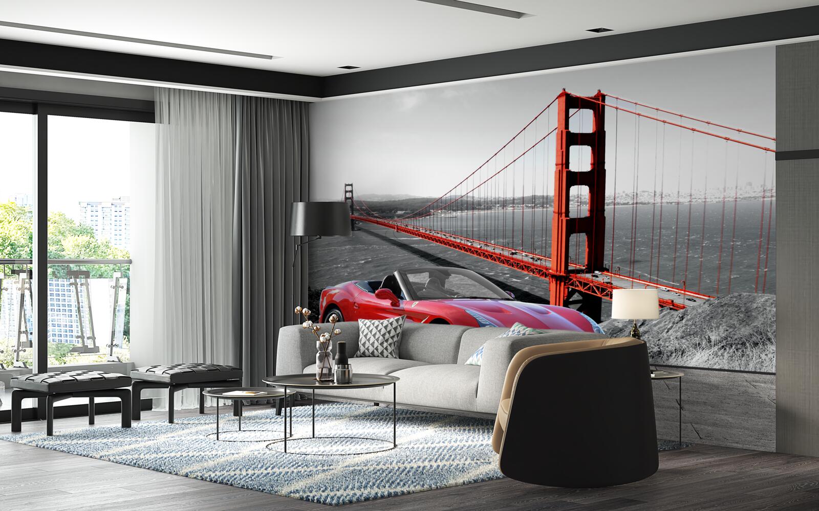 Papier peint voiture rouge et pont