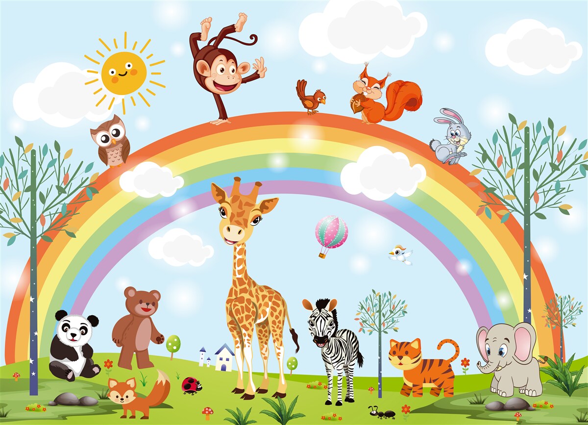 Papier peint les animaux s'amusent en regardant l'arc-en-ciel