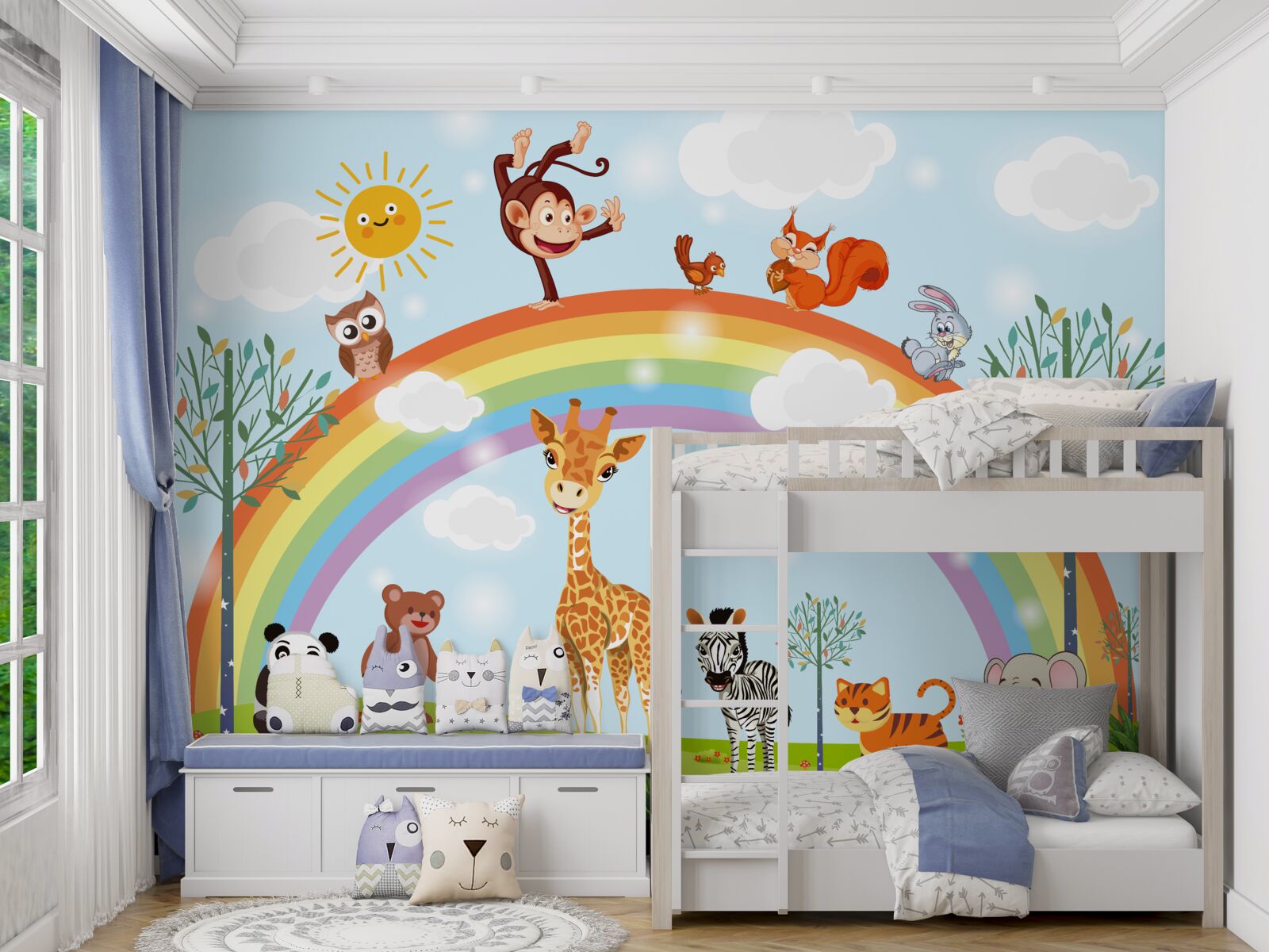 Papier peint les animaux s'amusent en regardant l'arc-en-ciel