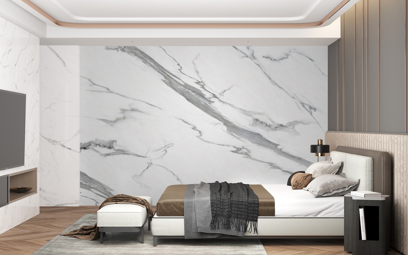 Papier peint marbre blanc avec motifs gris