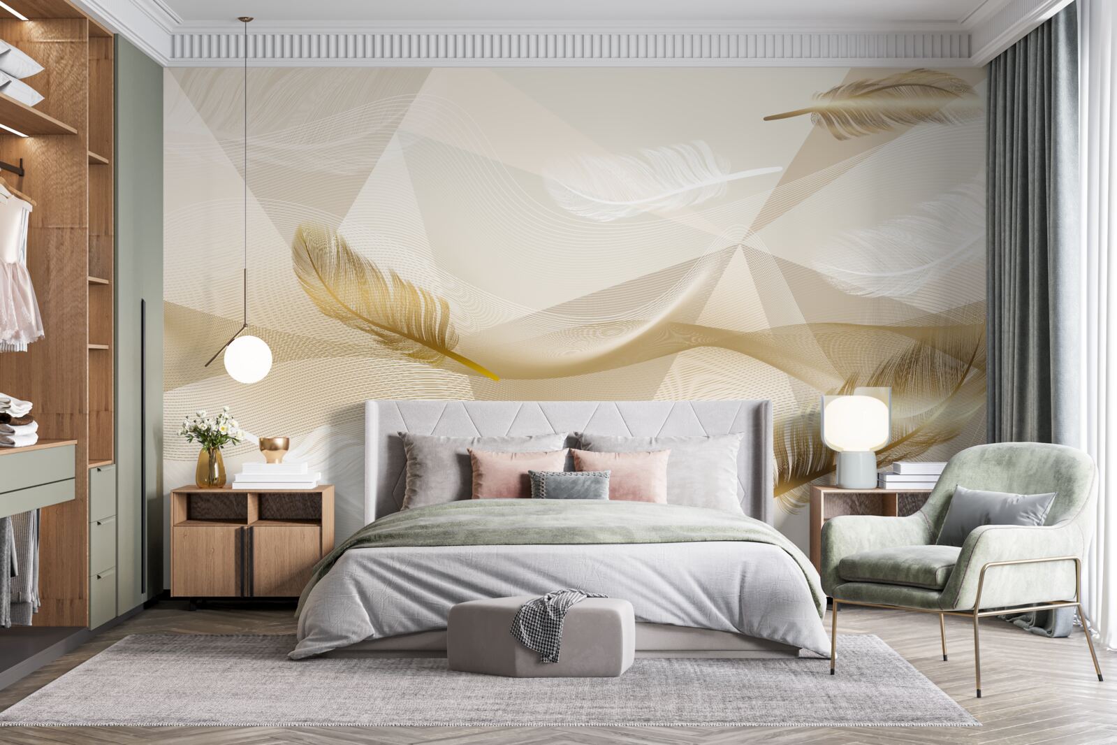 Papier peint plumes volantes et formes géométriques