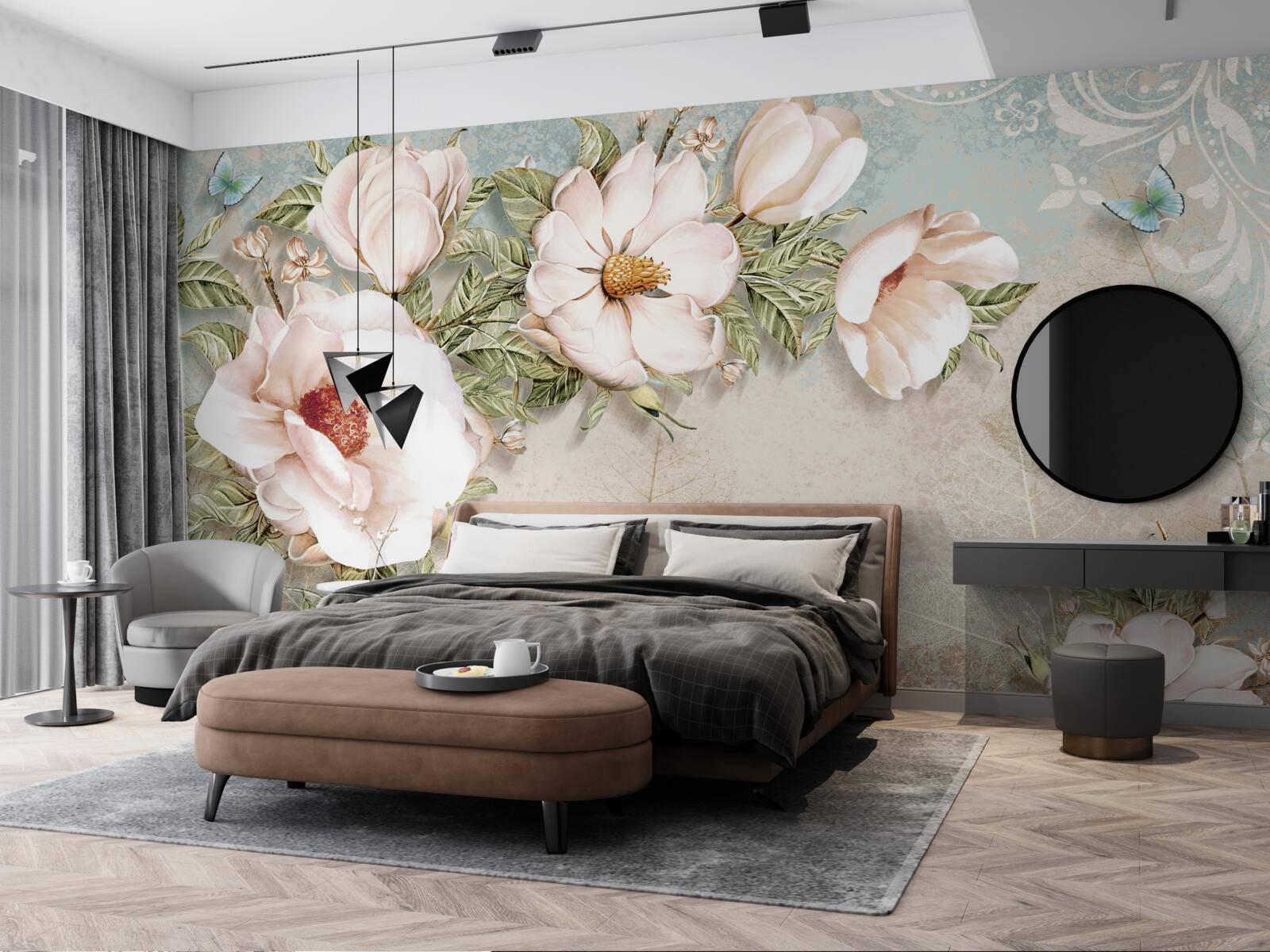 Papier peint bourgeons de fleurs brillants sur un fond abstrait