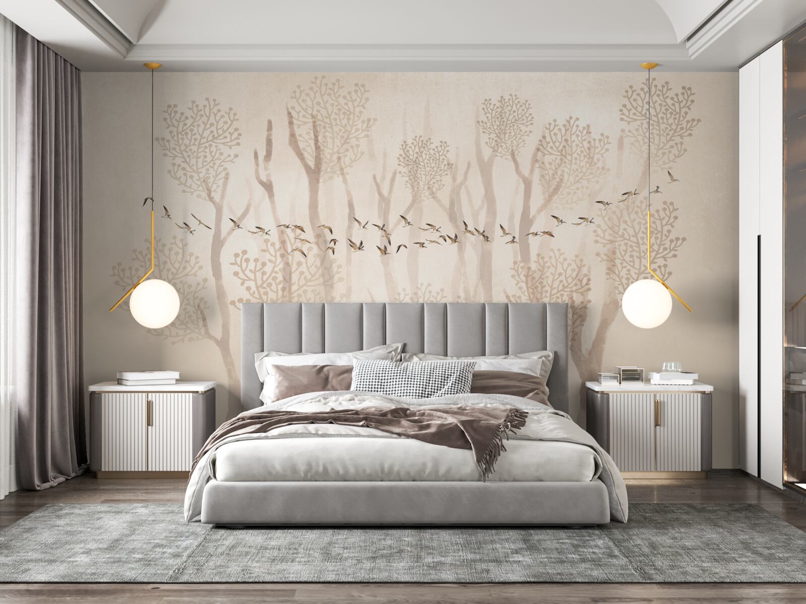 Papier peint arbres gracieux et groupe d'oiseaux