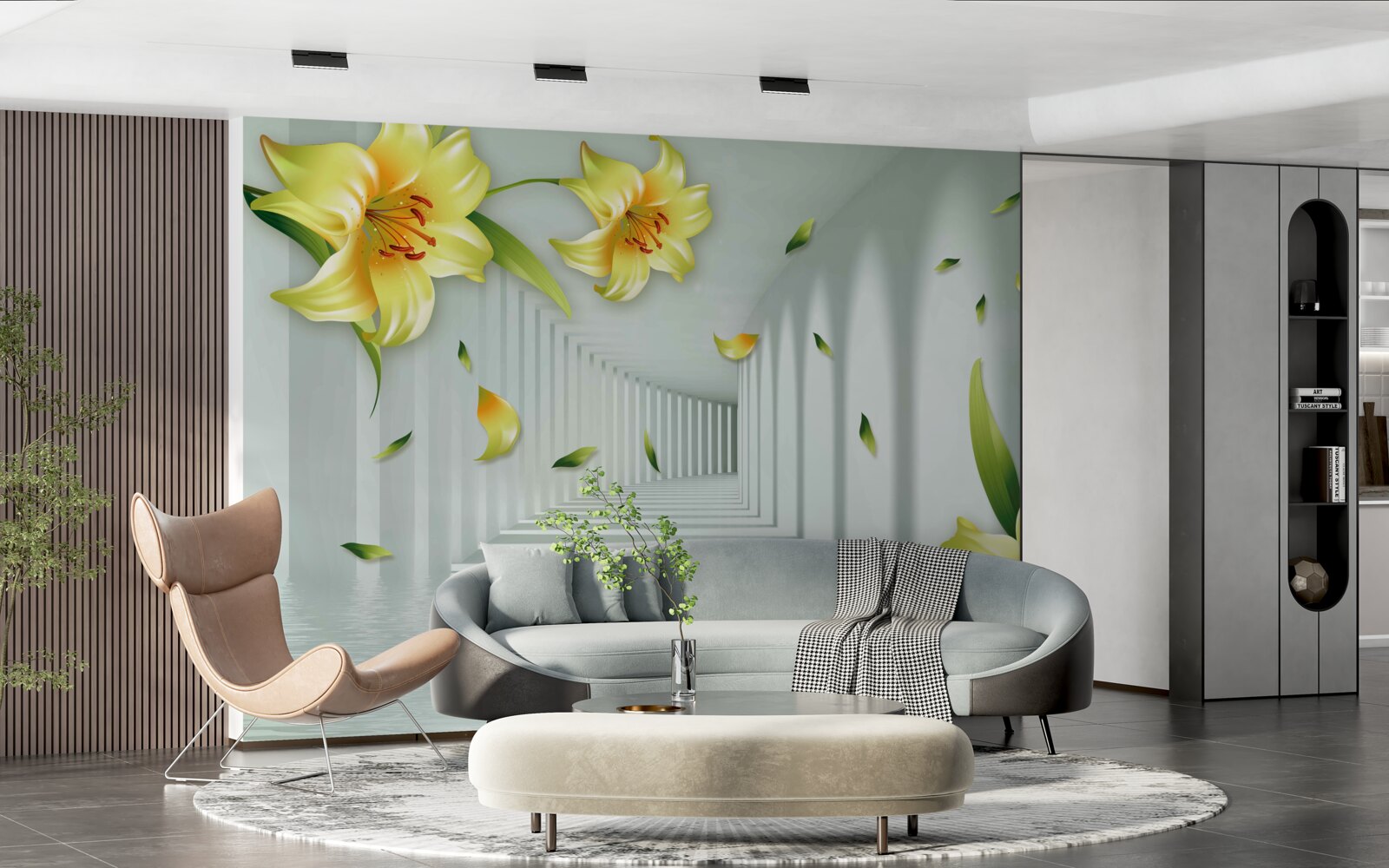 Papier peint tunnel tridimensionnel avec des lys jaunes