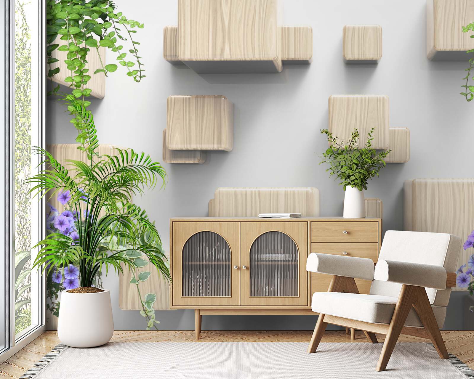 Papier peint cubes en bois en lévitation