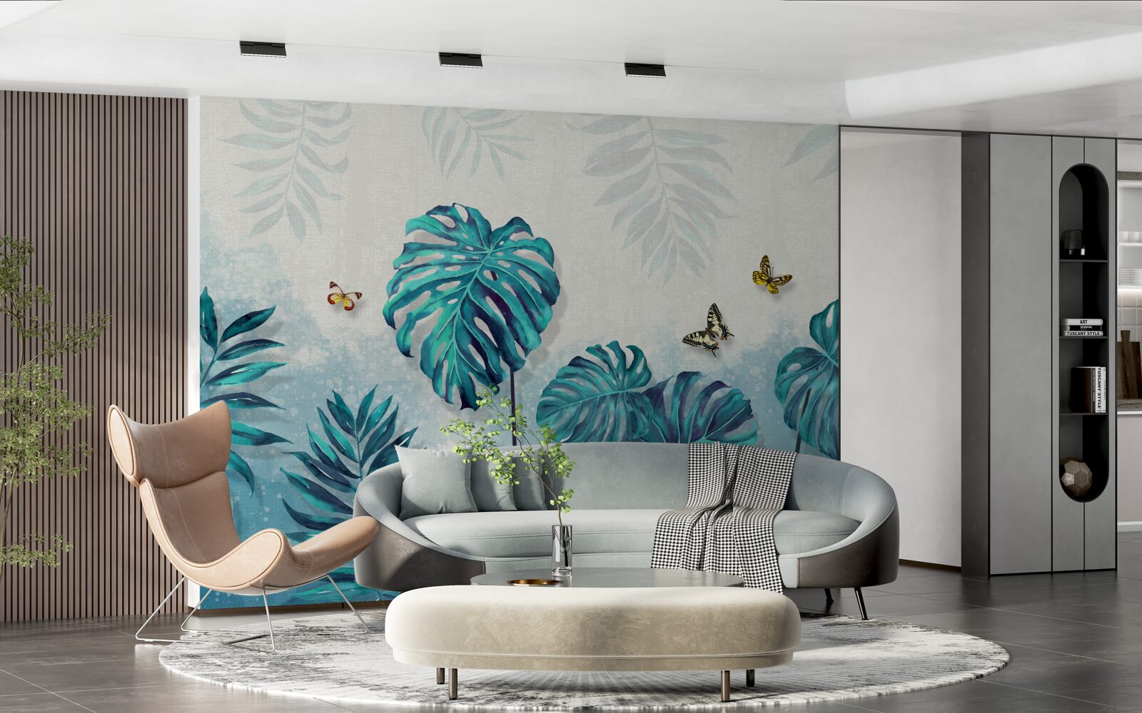 Papier peint les feuilles de monstera sont bleues, décorées de papillons