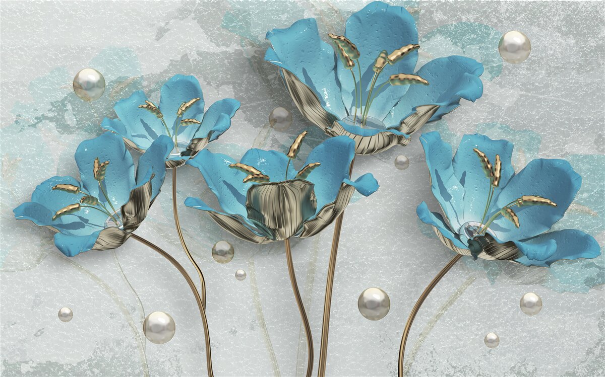 Papier peint fleurs bleu métallique