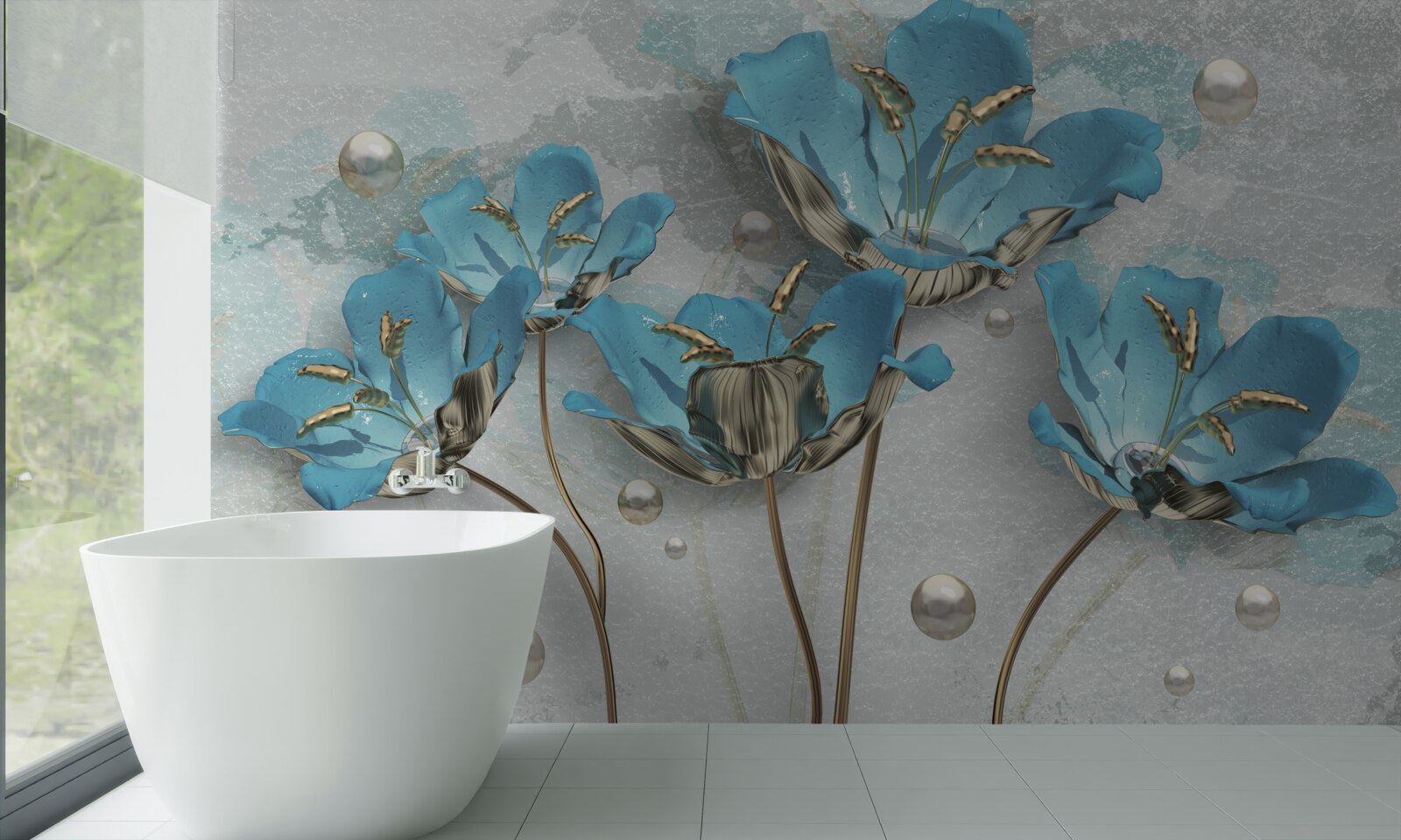 Papier peint fleurs bleu métallique