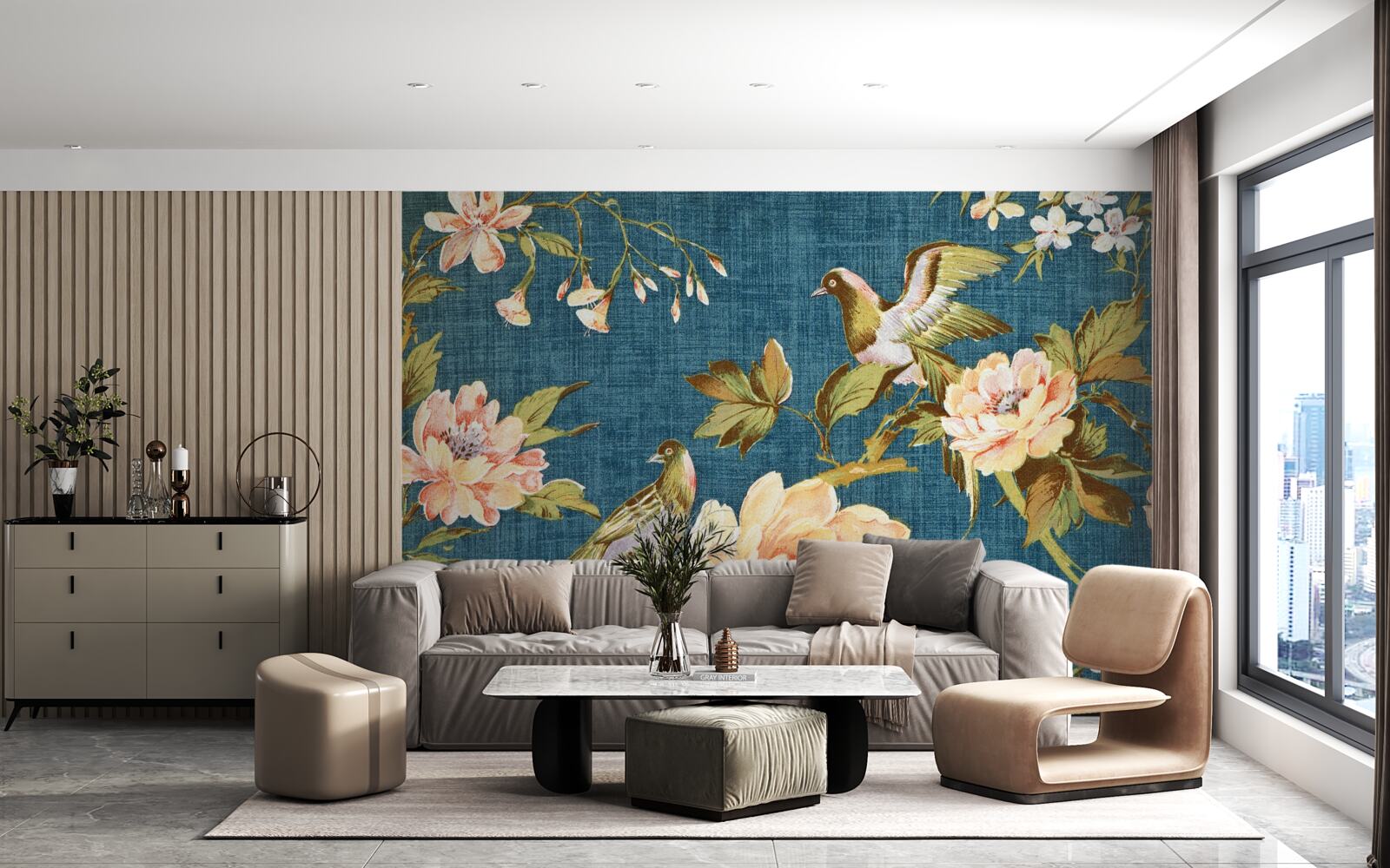 Papier peint deux perroquets parmi les roses