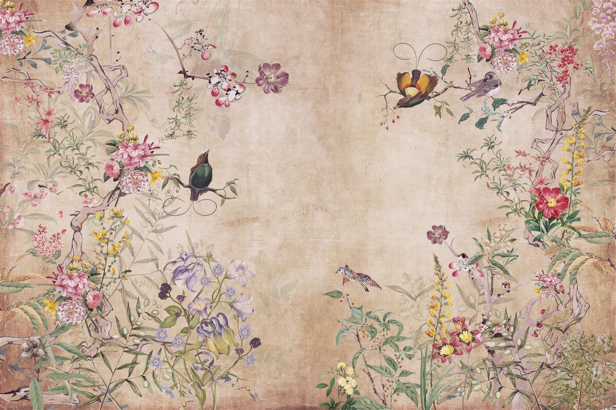 Papier peint oiseaux sur des branches fleuries