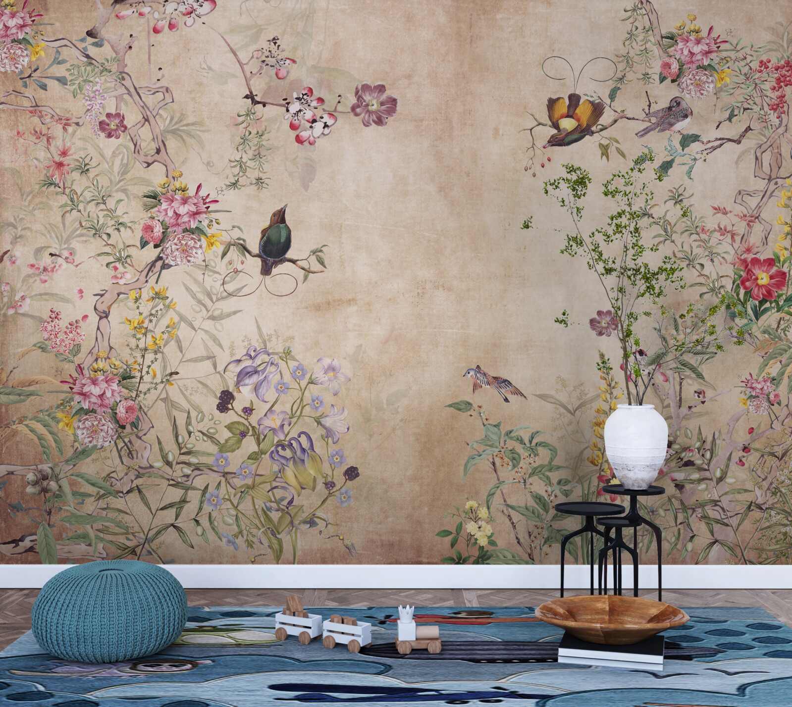 Papier peint oiseaux sur des branches fleuries