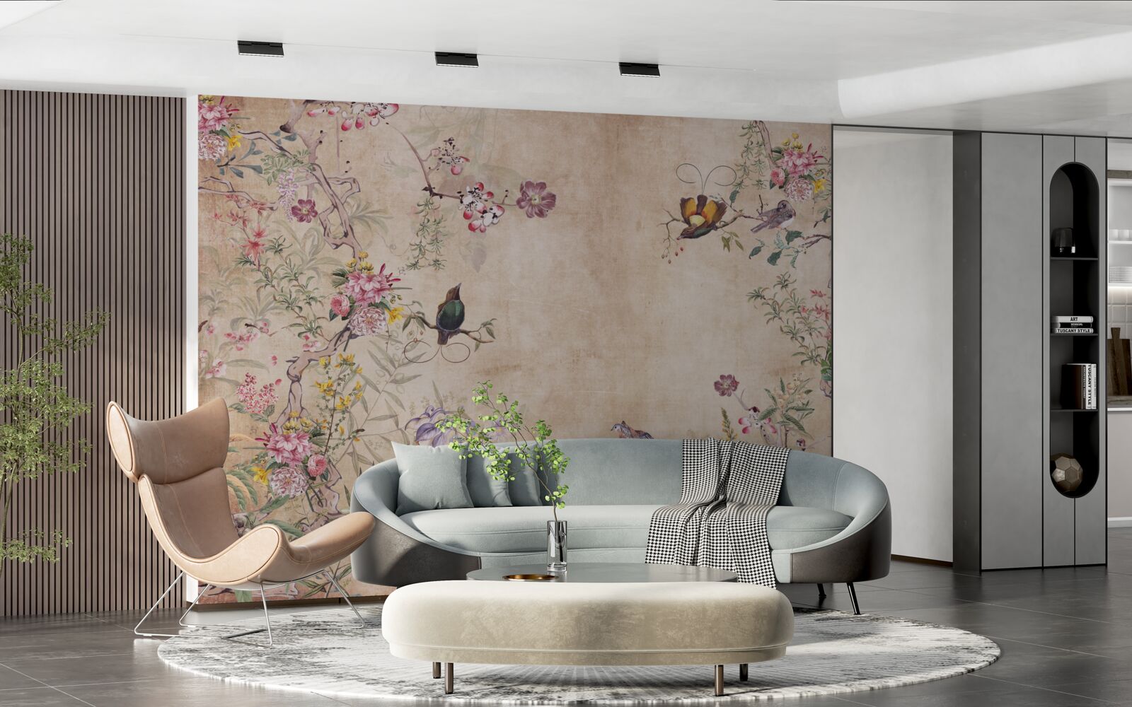 Papier peint oiseaux sur des branches fleuries